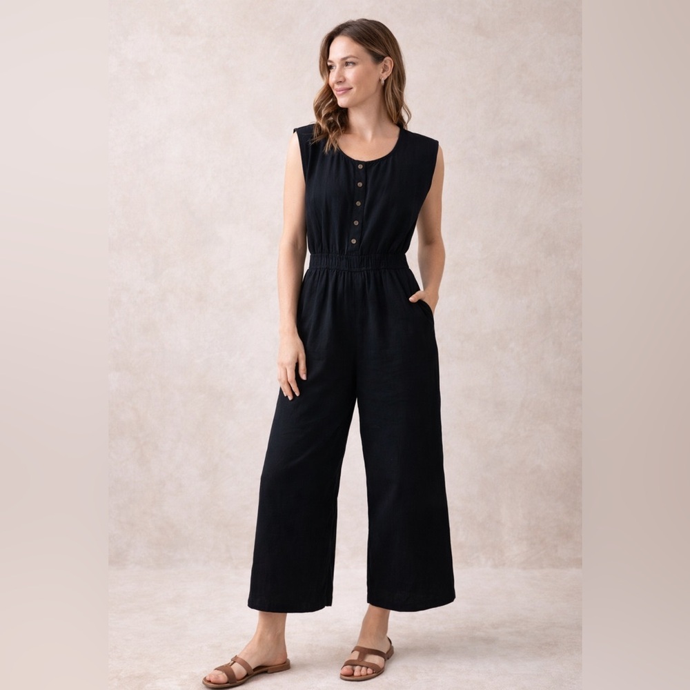 LOFT Black Cotton Gauze Wide Leg Romper Medium